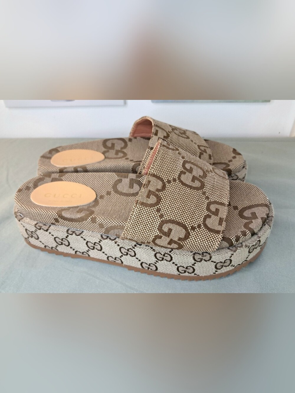 Gucci Angeline GG Platform Women's Slide Sandals US 9 EU 39 Beige/Tan - Picture 5 of 8